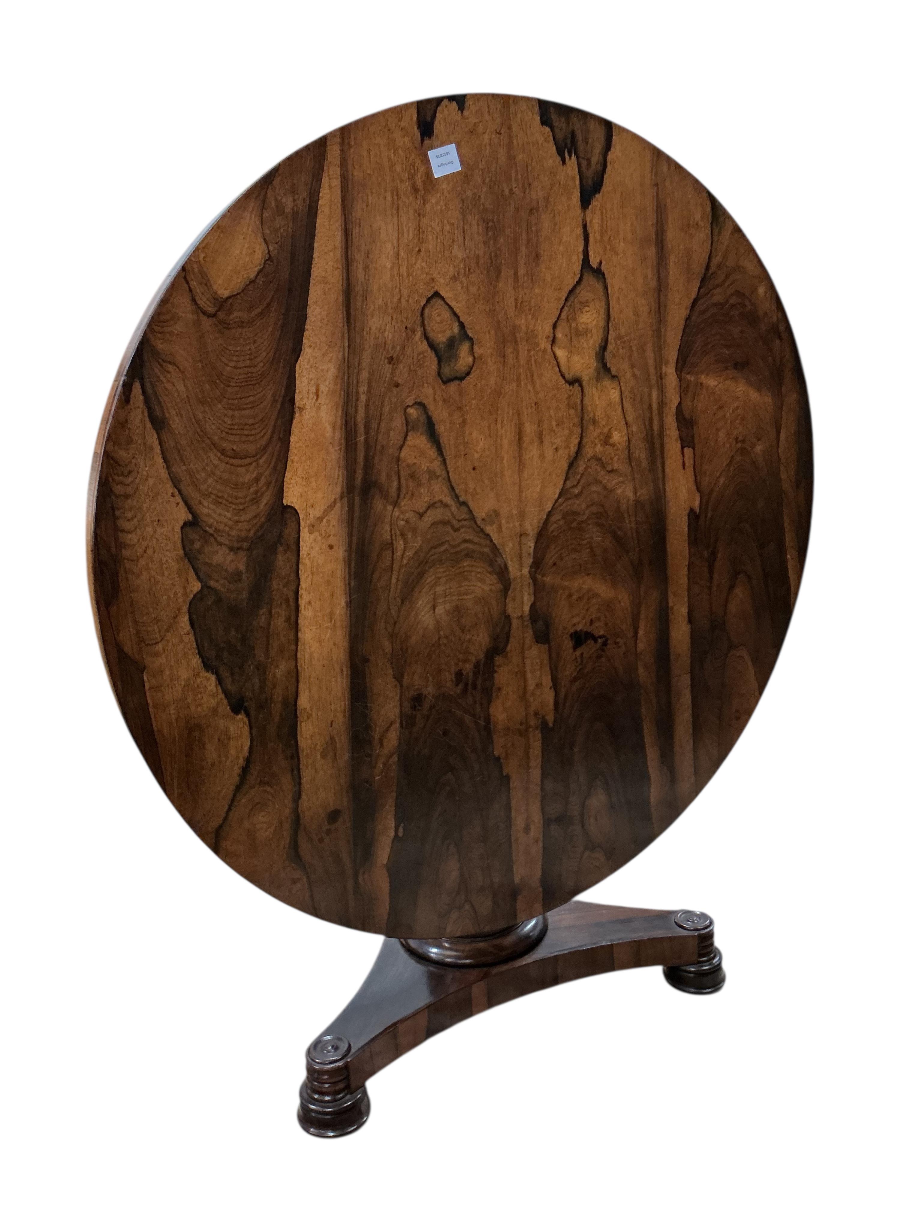 A William IV circular rosewood tilt top breakfast table, diameter 120cm, height 72cm